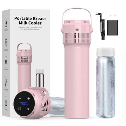 PURZOT Electric Portable Breast Milk Cooler, Battery Operation Breastmilk Chiller with LED Display, Stainless Steel Baby Bottles for Work & Travel, Pass-Through Charging Cooling for 24 Hours (Pink)