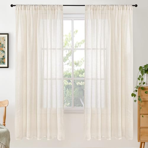 Image of BGment 72 Inch Length Beige Linen Curtains for Living Room - Natural Semi Sheer Drapes with Rod Pocket Textured Rustic for Bedroom Country Light Filtering, 2 Panels, Each Panel 52 Inch Wide