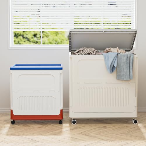 Image of HAIXIN HOME 60L Cute Laundry Hamper, Slim Rolling Laundry Hamper with Lid, Dirty Clothes Hamper Cart with Handle for Bedroom, Bathroom, Closet, Dorm, Blue Lid, White Body and Red Base - Tricolor