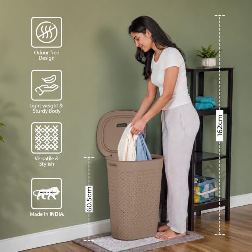 Image of KOLORR Stitch Laundry Basket 55L Woven Design Plastic Laundry Basket with Lid - Durable Organizer for Clothes, Towels, Laundry & Home Storage Pack of 1 With Lids - Light Brown