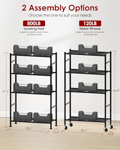 Image of Sakugi 4-Tier Storage Shelves 33.1 inch x12.6 inch x58.9 inch Black with Wheels | Kitchen, Closet, Pantry, Garage, Heavy Duty, Adjustable Feet, Metal Construction