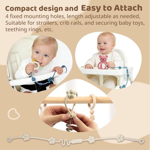 Image of 3Pcs Baby Silicone Teether Toy Set - Food-Grade Silicone Teething Relief Toys,Wooden Ring Teether Cute Bear Toy and Toy Straps for Babies 3-12 Months (Bright Beige)