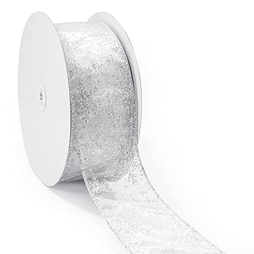 CT CRAFT LLC Organza with Silver Glitter Snowflakes Wired Ribbon - 2.5" x 50 Yards, for Christmas Home Decor, Gift Wrapping, Bow Making, Wreath, DIY Crafts