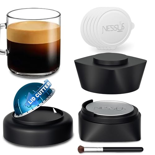 Image of NESSUS Refill Kit for Reusable Nespresso Vertuo Pods, Lid Quick Opener for Original Seal, 50PCS Aluminum Foil Lids, Tamp & Press Refillable Vertuo Capsules Holder and Brush