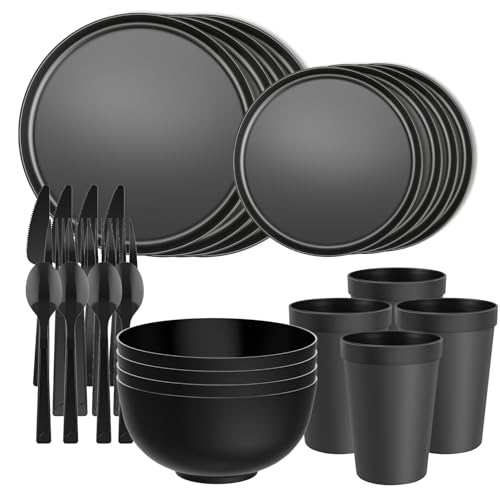 ZIVONA 20 Piece RV & Camping Dinnerware Set, Elegant Ceramic-Look Large Bowls & Plates, Unbreakable & 100% Microwave Safe, Melamine Alternative Service for 4, Black