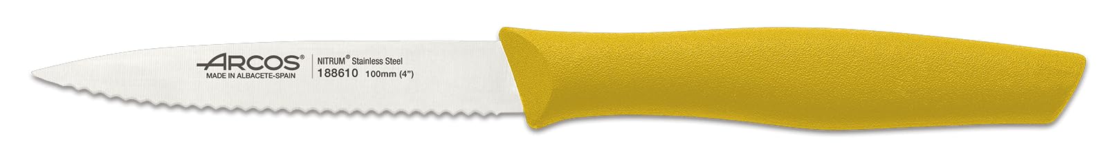 Arcos Serie Nova - Cuchillo Mondador - Hoja Serrada de Acero Inoxidable de 100 mm - Mango de Polipropileno Color amarillo