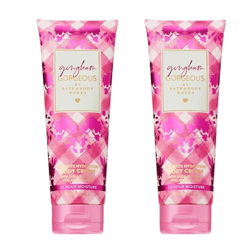 Bath & Body Works Gingham Gorgeous Body Cream Ultimate Hydration Moisturizer with Shea Butter & Hyaluronic Acid for Dry Skin Pink Strawberries Peony Blooms and Peach Nectar 8 oz - 2 Pack