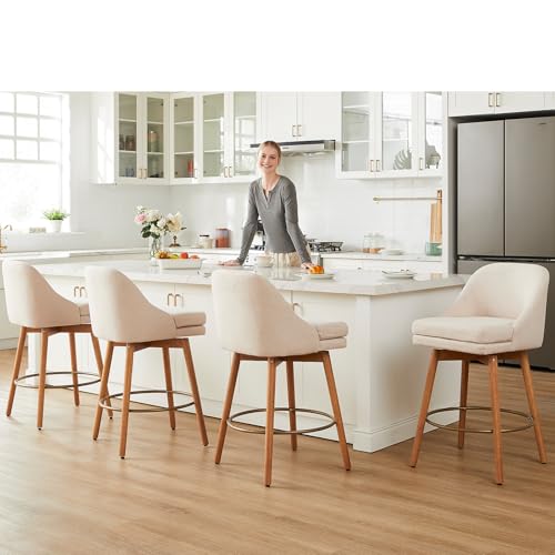 Image of kinmars Modern Bar Stools Set of 2,Swivel Counter Height Bar Stools with Soft Upholstered Back,Thick Seat,Wooden Legs, 27 inch Counter Stools for Kitchen Island (Sand, 4 Pieces - 27 inch Counter Height)