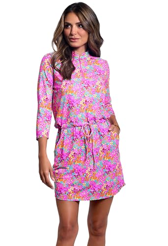 IBKUL UPF 50+ Sun Protection Icefil Cooling Moisture-Wicking Allana Print Sleeve Drawstring Dress Hot Pink Multi/Allana/S