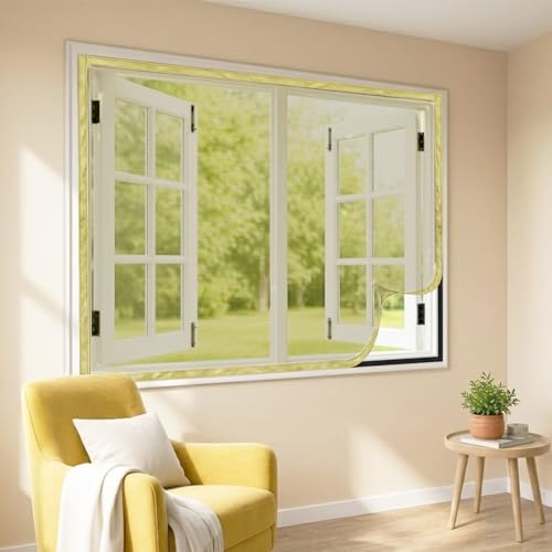 Image of LifeKrafts Standard Size Pre-Stitched Polyester Window Mosquito Net | 80 GSM, Readymade with Self-Adhesive Hook Tape | Fits All Window Types | 60x120cm /24x47 Inches /1.97x3.94 Feet, Color-Beige