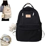 Preppy Backpack with Plushies, Light Academia Bookbags, Cute Vintage Backpack, Solid Aesthetic School Bag, for Teen Girls (Color : Black)