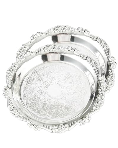 SEEK RARE 2PCS Coffee Table Tray 7.9in Round Decorative Tray Vintage Metal Dessert Plates for Snacks Fruit Silver SEEK RARE 2PCS Coffee Table Tray 7.9in Round Decorative Tray Vintage Metal Dessert Plates for Snacks Fruit Silver