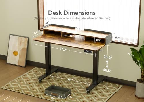 Image of Claiks Standing Desk with Drawers & Wheels, 2 Height Shelf 48 inch Rustic Brown