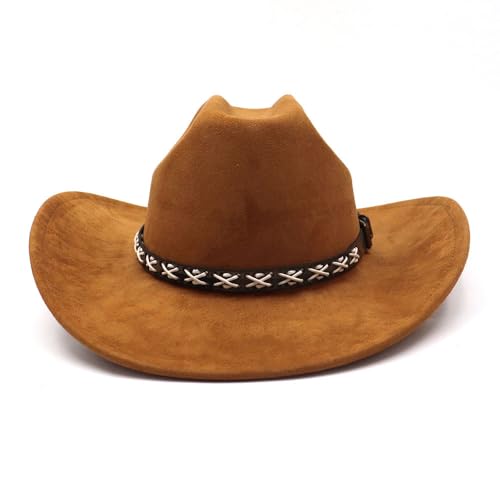 Image of Western Suede Cowboy Hat for Women Men Wide Brim Classic Cowboy Cowgirl Hat with Buckle Belt Felt Fedora Hat