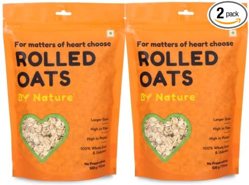 By Nature Rolled Oats, 1kg (500g x Pack of 2) | 100% Natural Whole Grain | High-Fiber | Gluten free | Healthy breakfast | Protein Rich | Healthy & Delicious Evening Snack | Efficient on reducing Weight & Cholestrol| Gym high protein Rolled oats