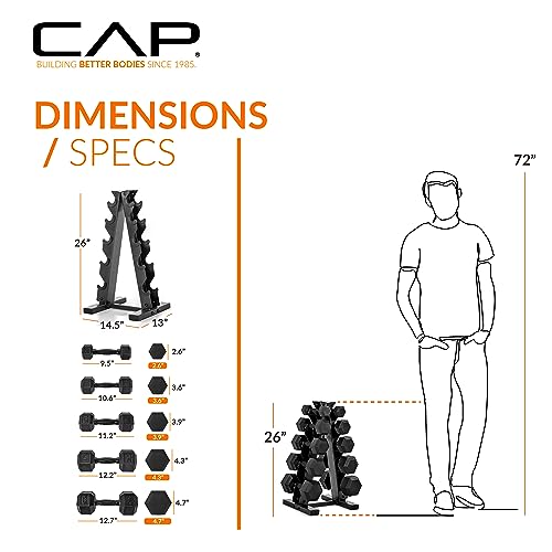 CAP 150 LB Rubber Coated Hex Dumbbell Hand Weight Set with Vertical Storage Rack | Black Handle