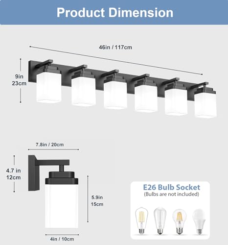 Image of Matte Black Bathroom Light Fixtures, 6 Lights Bathroom Lighting Fixtures Over Mirror, Square Design & Rectangle Large Backplate, Modern Vanity Lighting Fixtures, for Living Room /Bedroom