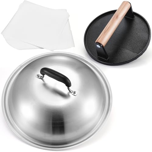 Griddle Accessories for Blackstone 7 Round Cast Iron Smash Burger Press 12.5 Heavy Duty Griddle Dome & burger Patty Papers for Hamburger Bacon Steak Perfect for Blackstone Flat Top Griddle Grill