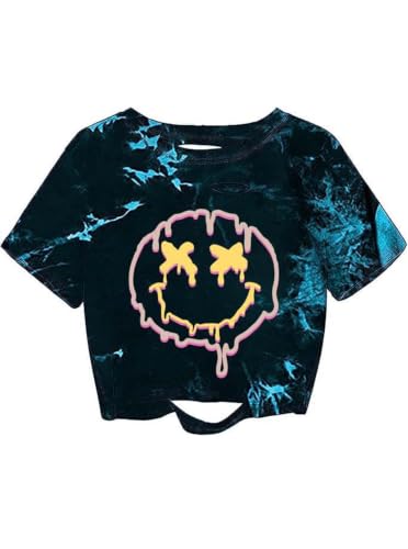 Remidoo Womens Tie Dye Short Sleeve Graphic Print Distressed Ripped Crop Top T Shirt Black Small