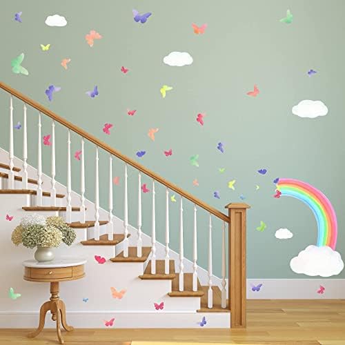 88 pcs Rainbow Butterflies Wall Stickers,Large Rainbow Wall Decals,Watercolor Butterfly Window Stickers,Removable DIY Rainbow Butterfly Cloud Art Wall for Bedroom Kinds Room Nursery Window Decoration