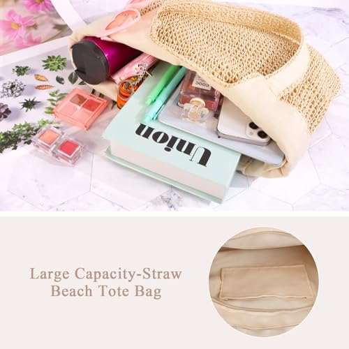 Straw Beach Tote Bag for Women, Summer Woven Tote Bag Shoulder Handbag Straw Beach Bags Shoulder Bag for Summer Beach Party (Beige)3