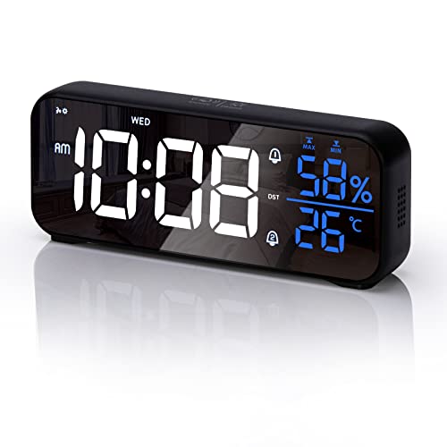 VIVILINEN Despertador Digital con Gran Pantalla LED para Temperatura y Humedad Reloj Digital de Sobremesa con 18 Tonos de Alarma, 4 Niveles de Brillo, Carga USB, 2 Alarmas, 12/24H y Snooze