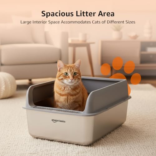 Image of Amazon Basics Stainless Steel CAT Litter Box with Elevated Anti-Splash PP Guard Gray Open-TOP Easy-Clean Litter Tray for Cats 60.0 (L) x 37.8 (W) x 24.4 (H) CM