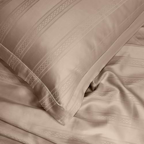 Image of Sassoon Artemis Italian Jacquard Weave Sateen Cotton Bedsheet - 400 TC, Cotton, Stripe Design, King Size (108 x 108 inches), Color: Fawn, Soft, Breathable, - 1 Bedsheet + 2 Pillow Covers
