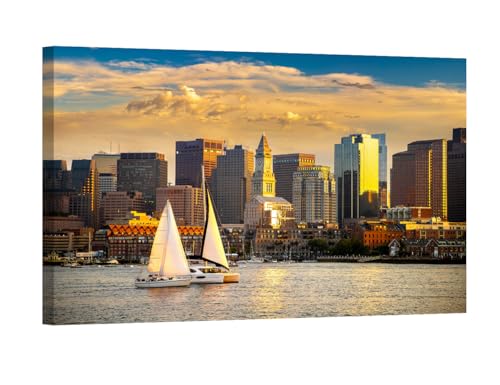 Wall Art for Living Room Boston Skyline Wall Painting Boston Panoramic Downtown Cityscape Canvas Wall Art Boston Massachusetts USA Wall Art 1 Piece Posters & Prints Framed Ready to Hang 24X36 INCH