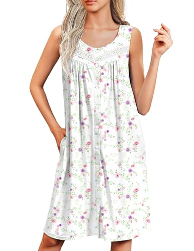 Image of Ekouaer Nightgowns for Women Button Up Sleepshirt Tank Sleeveless Nightshirt Soft Sleepwear with Pockets S-XXXL
