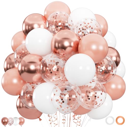 Image of 100pcs Rose Gold confetti Balloons, 12 inch White and Rose Gold Confetti Party Balloons for Wedding, Bridal Baby Shower, Princess Birthday, 2025 Graduation Party Decorations