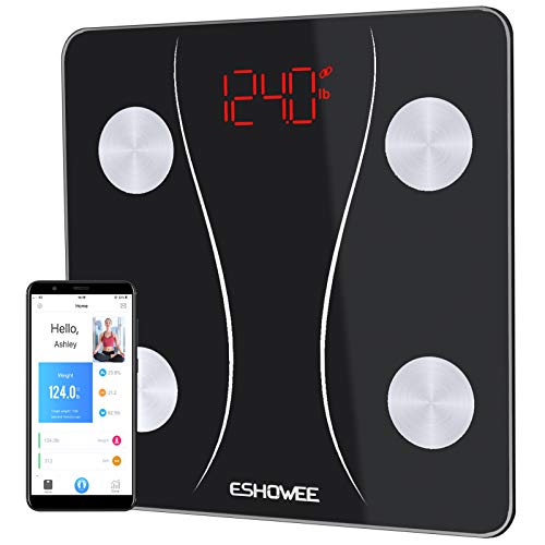 Bluetooth Body Fat Scale, ESHOWEE Smart Wireless BMI Scale Bathroom Digital Weight Scale Body Composition Analyzer with Smartphone App for Water Bone Mass BMR Muscle (White)