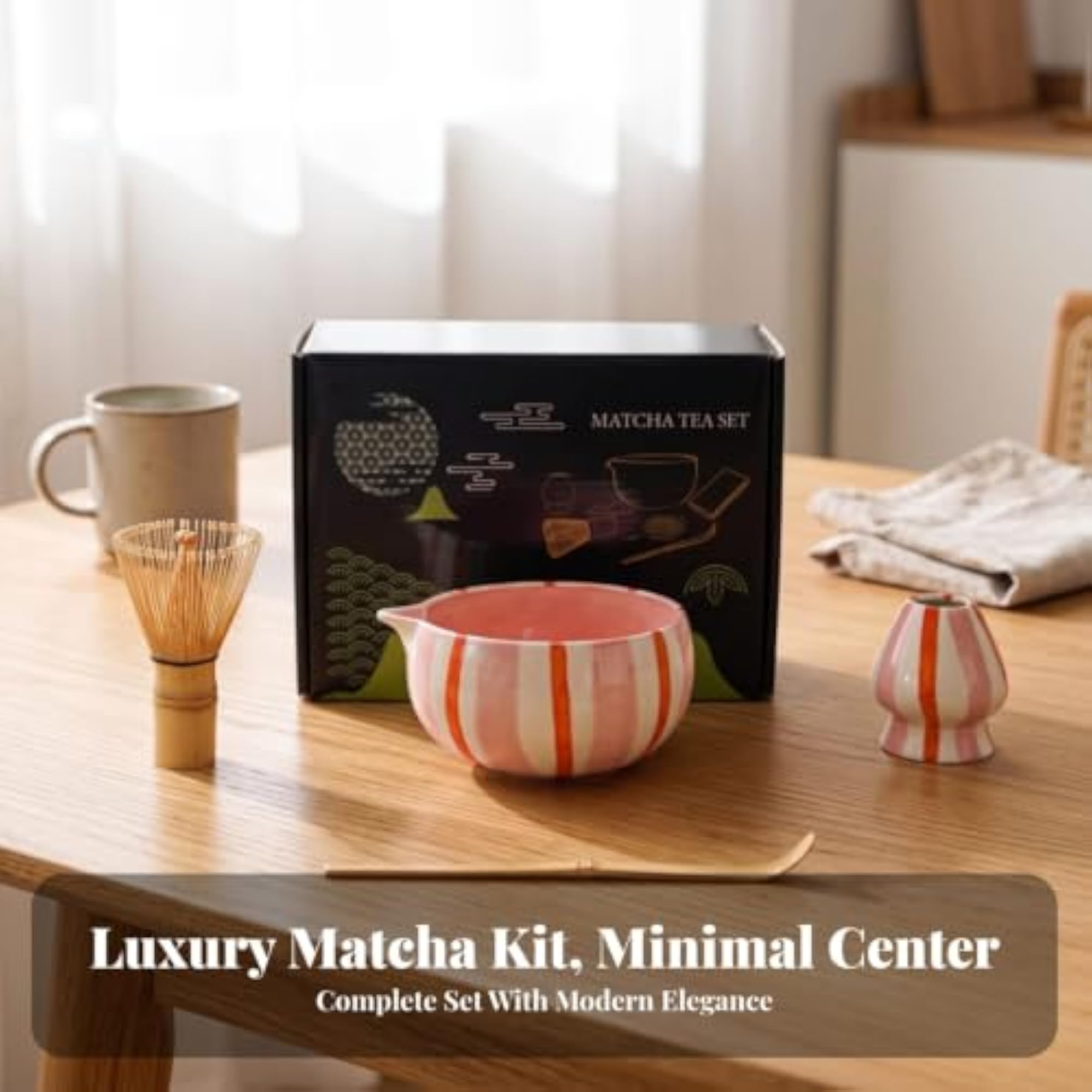 Pink Glazed Matcha Tea Set with Whisk Holder