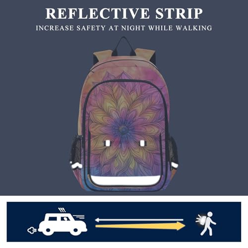 senya Pink-yellow Tie Mandala Backpack Water-Resistant Bag Lightweight Bookbags with Reflective Strip4