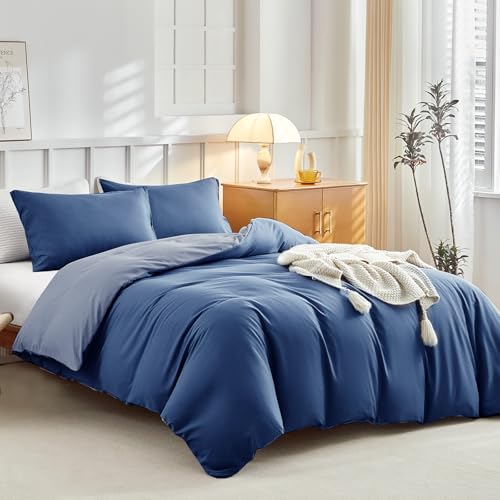 Lekesky Double Duvet Cover Set Navy Blue Bedding - Soft Microfibre Double Duvet Set (1x Quilt Cover, 2x Envelope Pillowcases) Zipper Design Bedding Set 200x200 cm, Navy Blue
