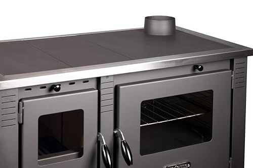 ProTermo Kaminofen Panonia in Beige mit Abzug rechts - 10,54 kW Heizleistung - 90x51x85 cm Holzofen mit Backfach, Thermometer und Herdplatte - ohne selbstschließender Tür - Bauart 2