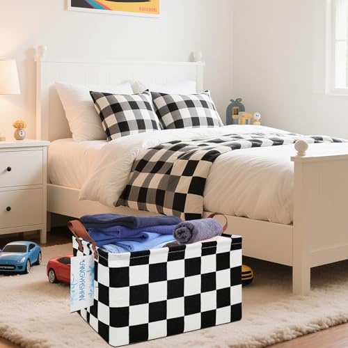 Image of Rectangular Storage Bin Collapse Canvas Fabric Cartoon Storage Basket with Handles for Organizing Home Kitchen Boys and Girls Toys Office Closet Shelf Baskets (Rec-Racing Flag)