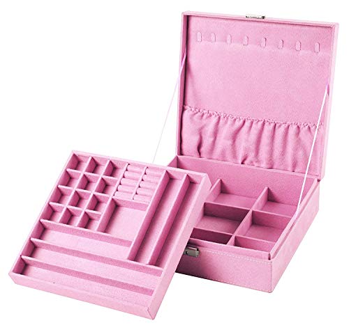 Sodynee Two-Layer Lint Jewelry Box Organizer Display Storage Case with Lock, Pink
