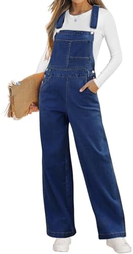 Vetinee Jean Overalls for Women Loose Fit Stretchy Denim Jumpsuit Baggy Bib Casual Straight Leg Pocket Dungaree Overall