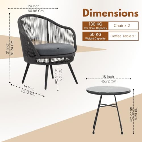 Image of DEVOKO 3 Piece Outdoor Patio Handwoven Rope Crown Shape Chair With Glass Top Side Table For Garden, Pool, Deck, Backyard, Balcony (Dark Grey & Grey), (61 X 61 X 81Cm)