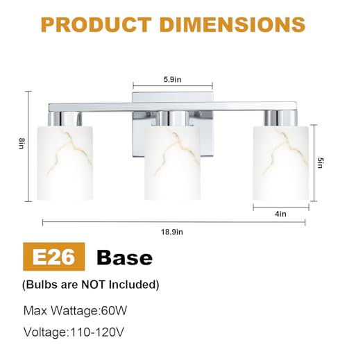 Image of 3-Light Bathroom Light Fixtures, Modern Vanity Lights, Chrome Metal Wall Lamp with White Marble Glass for Bathroom, Mirror, Living Room, Bedroom, Cabinet, Porch, Hallway, E26 Base