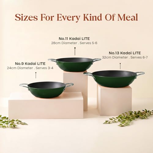Image of CUMIN CO. Enamel Cast Iron Kadai LITE | 5.5L, 32 cm | 5 Years Warranty | Non Toxic Heavy Bottom Kadhai for Frying | Induction & Gas Compatible | Chemical Free Coating | Green