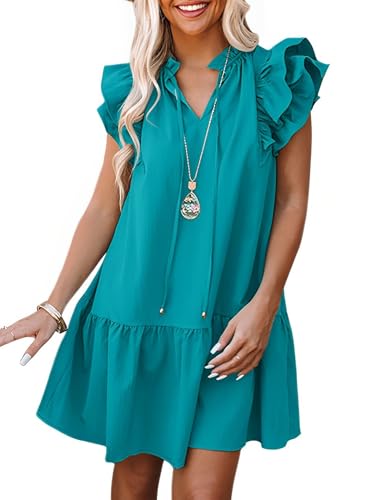 Image of Dokotoo Womens Summer Dresses 2026 V-Neck Drawstring Ruffle Cap Short Sleeve Side Pockets Mini Dress Sundress