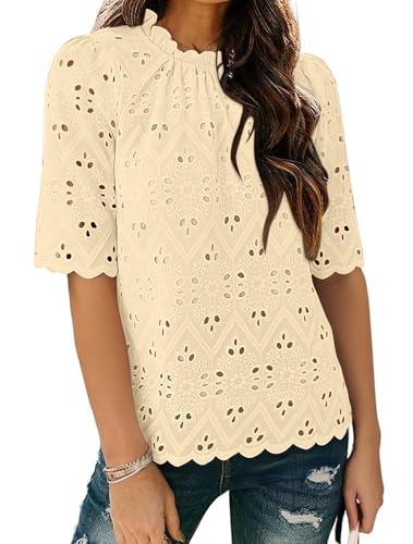 BETTE BOUTIK Womens Lace Tops 2025 Trendy Long Short Sleeve Eyelet Embroidered Dressy Casual Blouse Shirts
