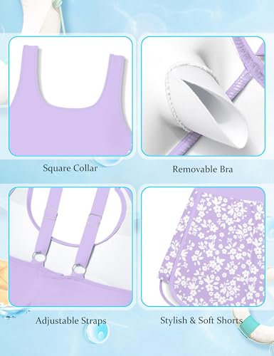 Image of Girls Swimsuit One Piece Swimsuits Color Block Bathing Suit for Girls Adjustable Strap Padded Swimwear with Shorts