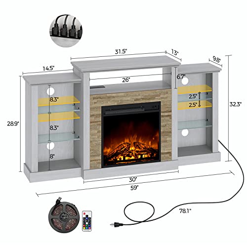 Rolanstar Fireplace Tv Stand With Led Lights And Power Outlets, Tv Console For 32" 43" 50" 55" 65", Entertainment Center With Adjustable Glass Shelves, White #TOP5