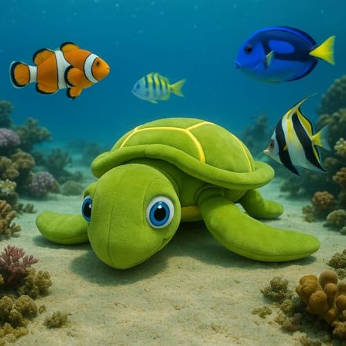 Image of Adorable Green Sea Turtle Plush Toy Ultra Soft Stuffed Animal with Big Blue Eyes Cute Huggable Ocean Plushie for Kids Toddlers Boys Girls Beach Themed Plush (30 CM)