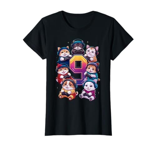 9° Cumpleaños Gatos Gaming Regalo Gamer Niño Niña Camiseta