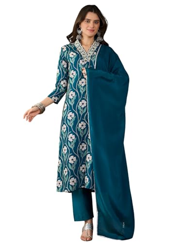 Image of Naixa Women's Rayon Printed Straight Kurta with Rayon Pant and Chinon Laced Dupatta Sets (NX3-727)