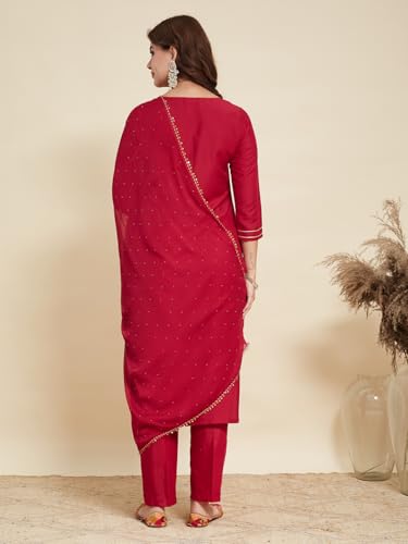 Image of MOKOSH Women's Silk Embroidery Kurta Pant with Dupatta | Kurta Set | Round Neck 3 /4 Sleeve | 3 Piece Outfit | Indian Kurta Outfit With Pant